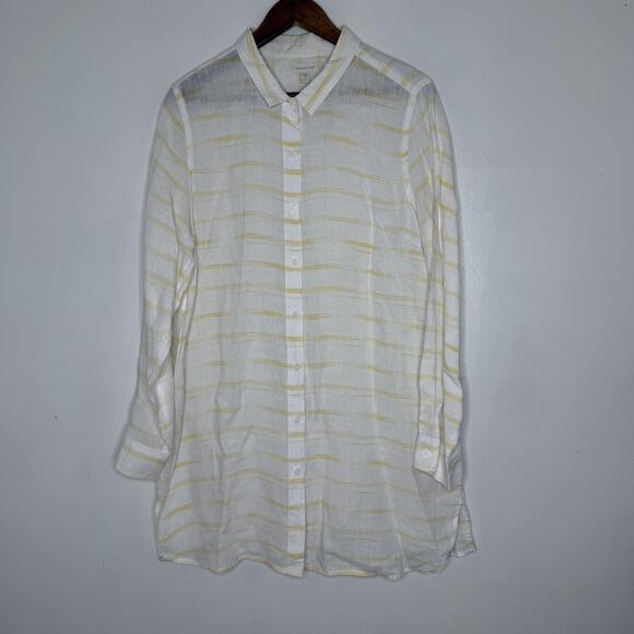 Garnet Hill Shirt Womens Large White Yellow Stripe Linen Button Down Tunic Top - Picture 1 of 7